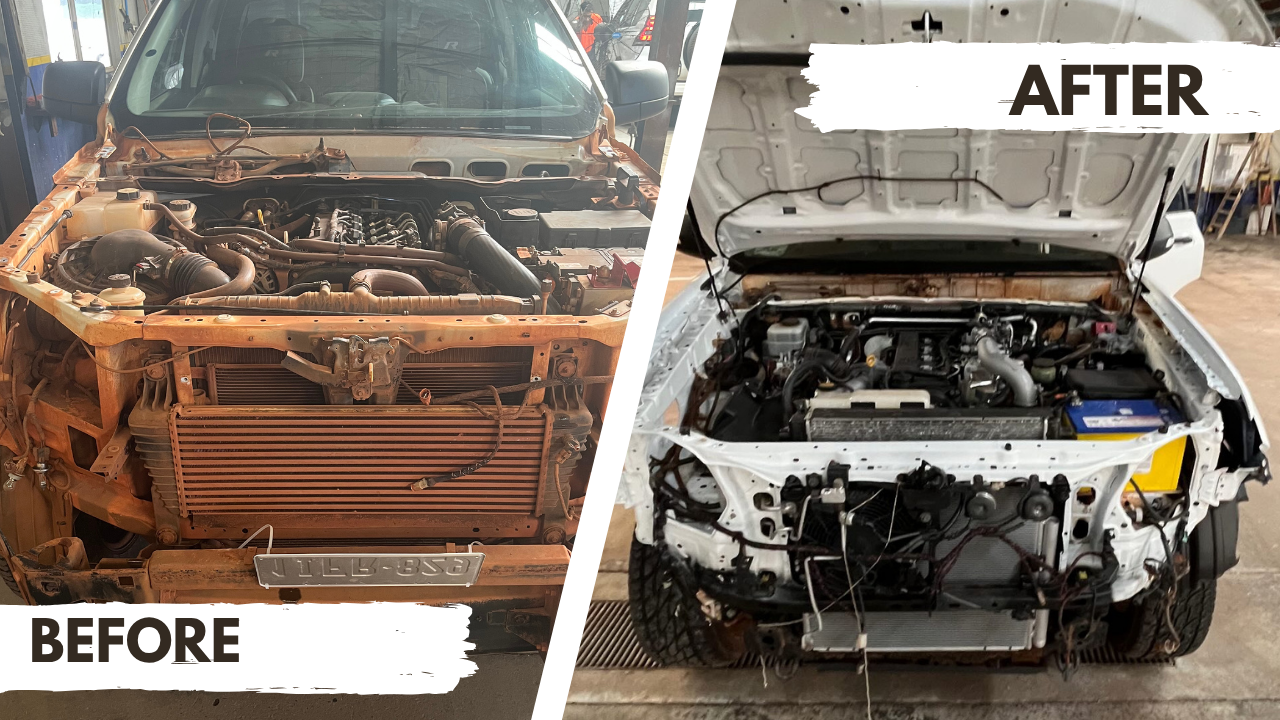 Ex-mining vehicle restoration before and after - dramatic transformation from heavily soiled to clean white engine bay
